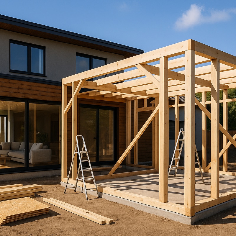 Construction d'une ossature en bois pour une extension ou une pergola devant une maison moderne avec de grandes baies vitrées. Échelles et matériaux au sol.