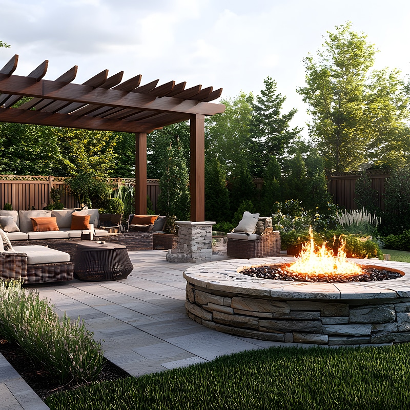 Patio extérieur luxueux avec mobilier en osier sous une pergola en bois foncé, près d'un foyer rond en pierre avec feu ardent.
