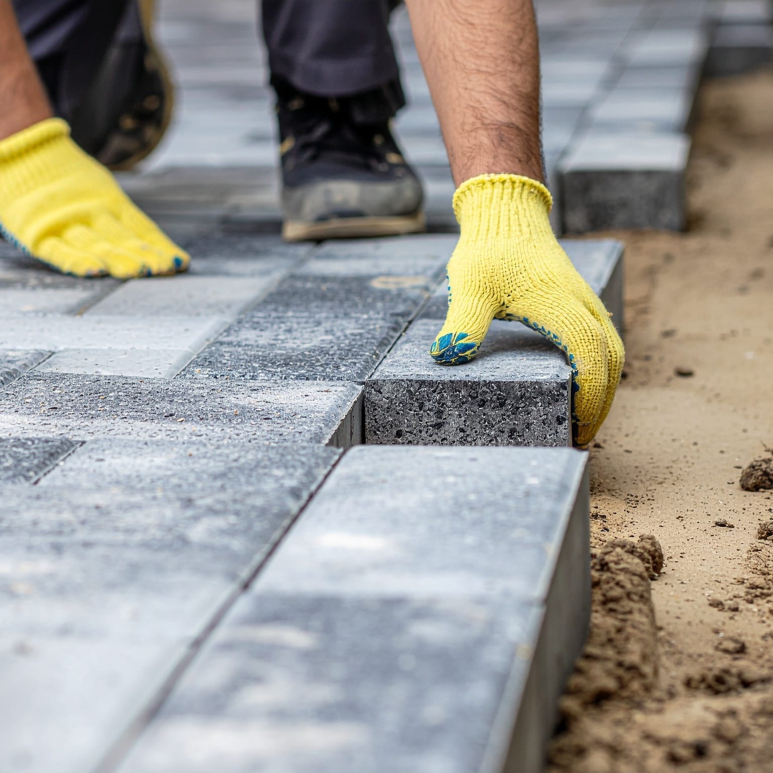 Installation de pavés : ouvrier pose les dalles extérieures Ouvrier aux gants jaunes installant des pavés gris sur un sol sablonneux, posant la dernière rangée.